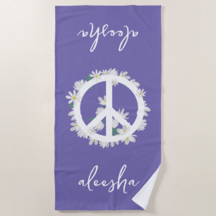 Toalha De Praia Sinal de Paz Floral Tropical Personalizado Roxo