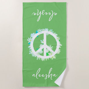 Toalha De Praia Sinal de Paz Floral Tropical Personalizado Verde E