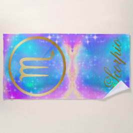 Toalha De Praia Sinal de Zodiac Scorpio Dourado em Fundo Colorido