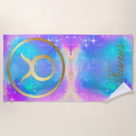 Toalha De Praia Sinal Zodiac Taurus Dourado em Fundo Colorido |