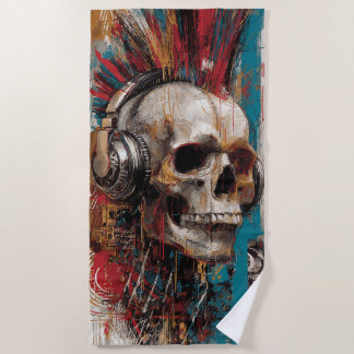 Toalha De Praia Skull with Headphones Punk Graffiti Art Design