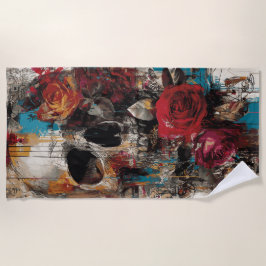 Toalha De Praia Skull with Roses Street Art Floral Grunge Design