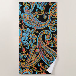 Toalha De Praia Sky Blue e Autumn Orange Vintage Paisley