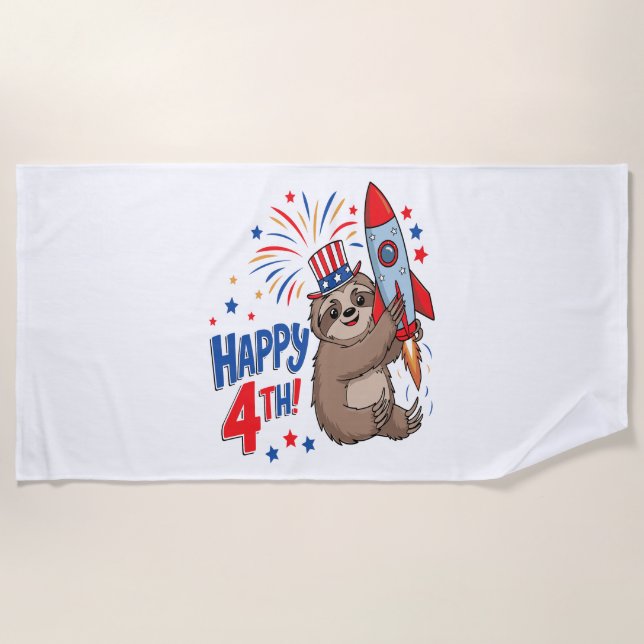 Toalha De Praia Sloth Happy 4th Rocket Fireworks EUA (Frente)