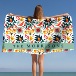 Toalha De Praia Sobrenome Personalizado de Padrão Floral