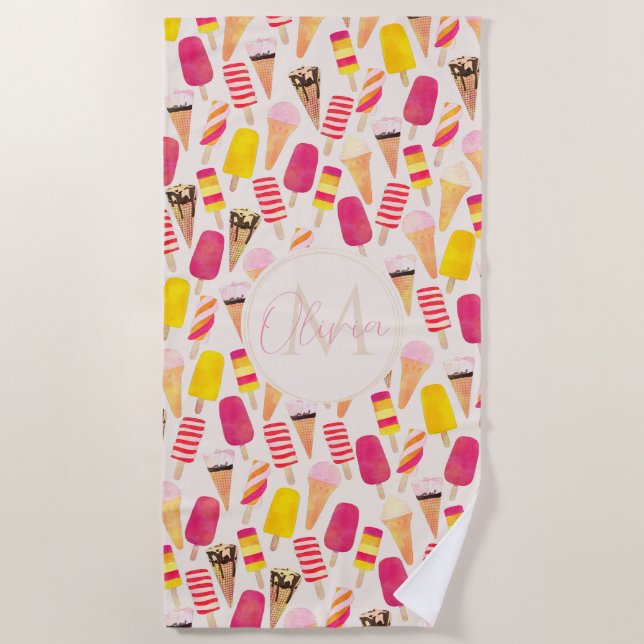 Toalha De Praia Sorvete de Aquarela de Verão Doce (Frente)