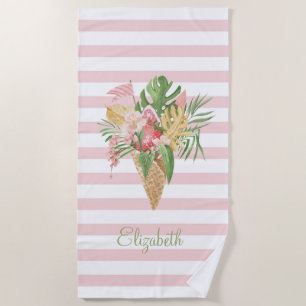 Toalha De Praia Sorvete,Folhas Tropicais Frutas,Listras Rosa   