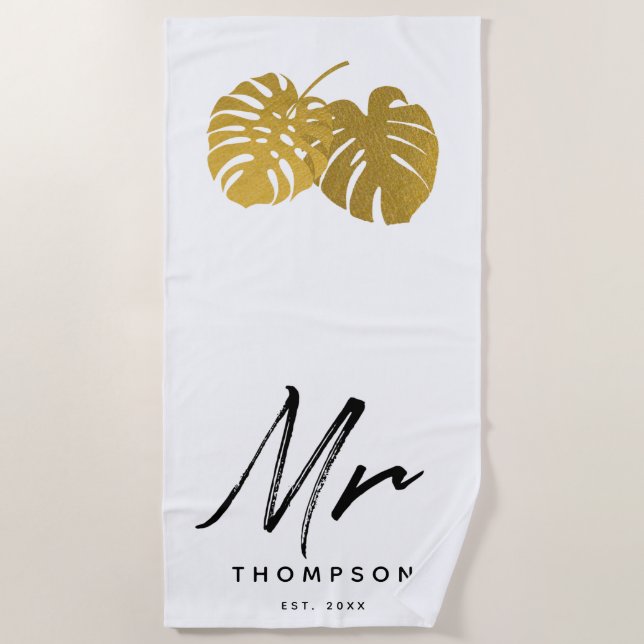 Toalha De Praia Sr. Modern Dourado Monstera Tropical Leaves Script (Frente)