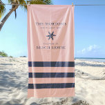 Toalha De Praia Starfish Family Beach House Náutica<br><div class="desc">A toalha de praia náutica apresenta estibordo costeiro e design de listras. Personalize o texto personalizado com um sobrenome familiar e uma casa de praia (ou outro título) com o ano estabelecido e o local. Esquema de cor azul-marinho e salmão-enfumaçado.</div>