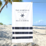 Toalha De Praia Starfish Family Beach House Náutica<br><div class="desc">A toalha de praia náutica apresenta uma design de estrelas e listras. Personalize o texto personalizado com um sobrenome familiar e uma casa de praia (ou outro título) com o ano estabelecido e o local. Esquema de cor azul e branco do marinho branco.</div>