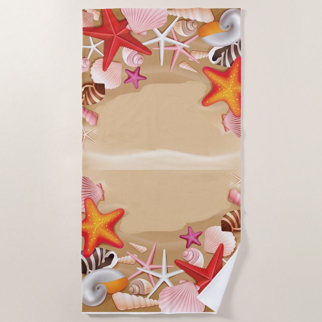 Toalha De Praia Starfish Seashells Towel (A vibrant beach themed towel adorned with colorful starfish, shells, and sea creatures.)