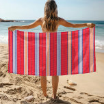 Toalha De Praia Summer Beach Stripes<br><div class="desc">Este design apresenta um fundo vermelho texturizado com faixas verticais em laranja,  azul e branco,  #listras #praia #natação #moda #verão</div>