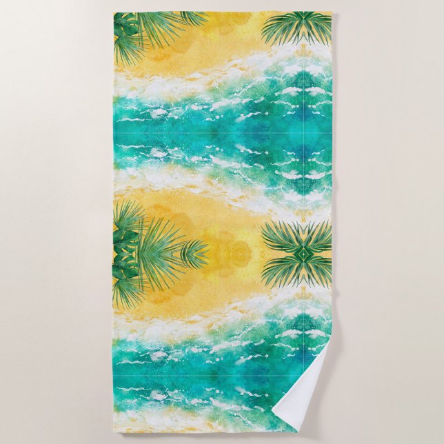 Toalha De Praia Summer Beach Towel (A vibrant beach towel featuring a tropical design with turquoise waves and golden sand.  )