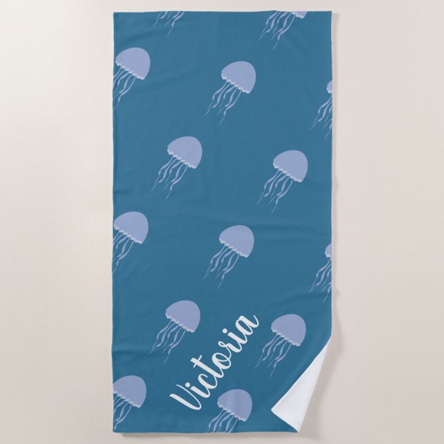 Toalha De Praia Summer Jellyfish Blue Name Beach Towel (Frente)