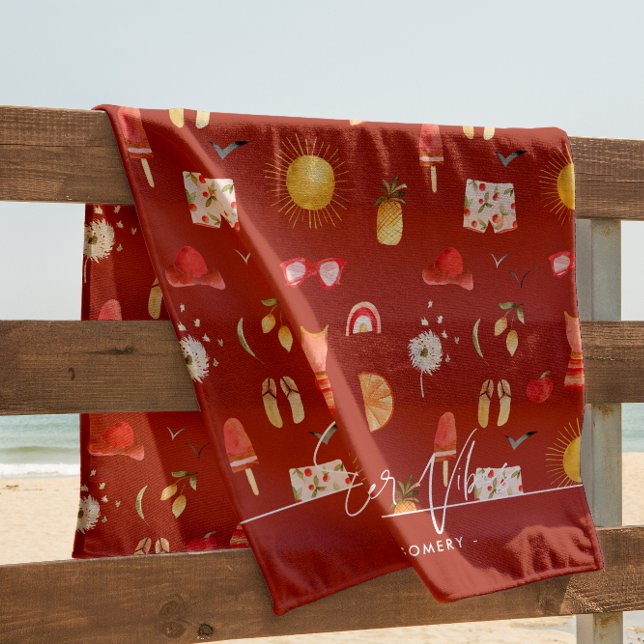 Toalha De Praia Summer Vibes | Monograma de Boho Retro Verão (Criador carregado)
