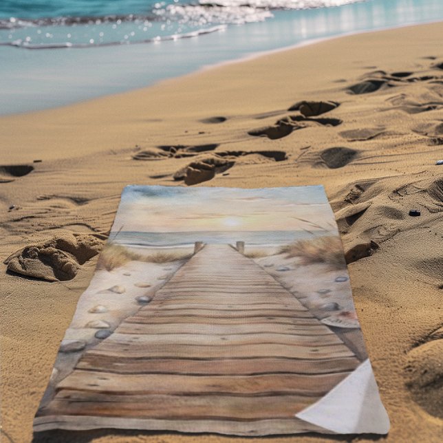 Toalha De Praia Sunset Beach Boardwalk Watercolor (Criador carregado)