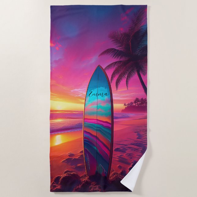 Toalha De Praia Surf Neon Sunset Personalizado (Frente)