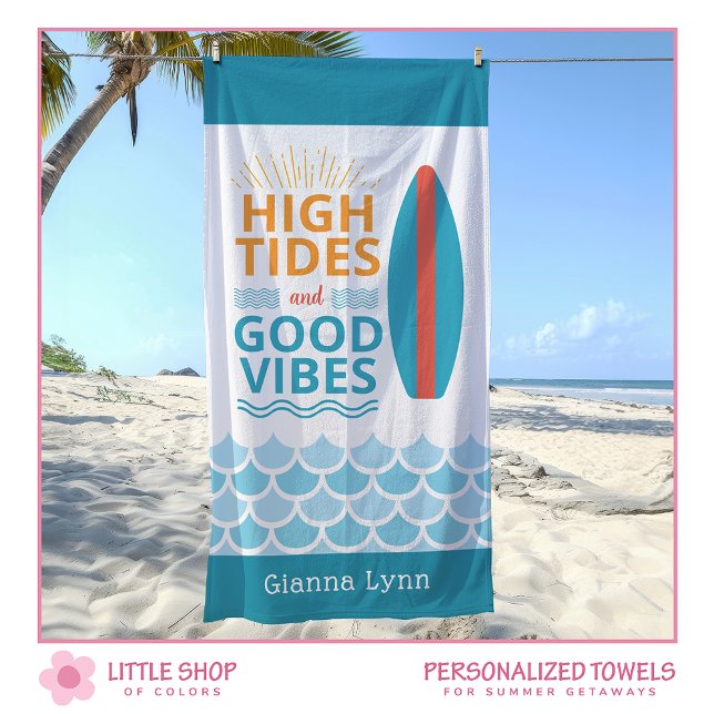 Toalha De Praia Surfboard High Tides Good Vibes Customizable Beach (Criador carregado)