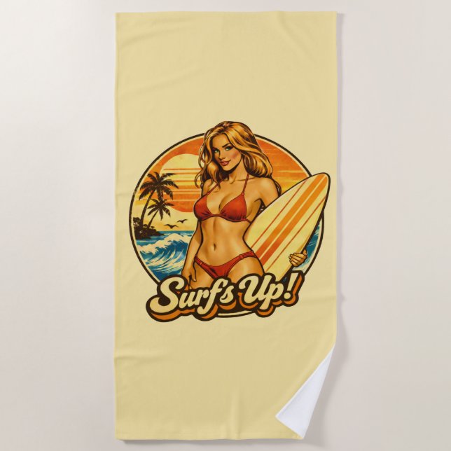 Toalha De Praia Surf's Up Bikini Pin-Up | Retro Surf Shop Graphic (Frente)