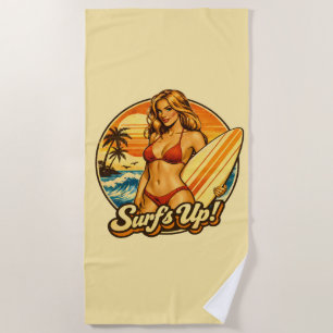 Toalha De Praia Surf's Up Biquíni Pin-Up Gráfico de Loja de Surf