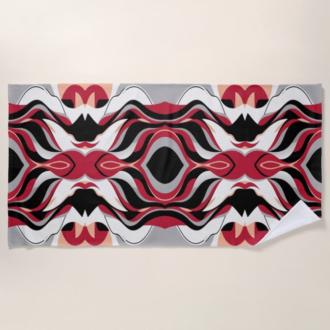 Toalha De Praia Symmetrical Red and Black Abstract Flow Pattern (Frente)
