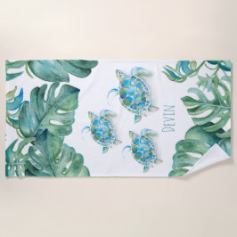 Toalha De Praia Tartaruga Tropical e Folhas de Palma