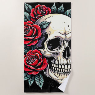 Toalha De Praia Tatuagem de Rosas do crânio
