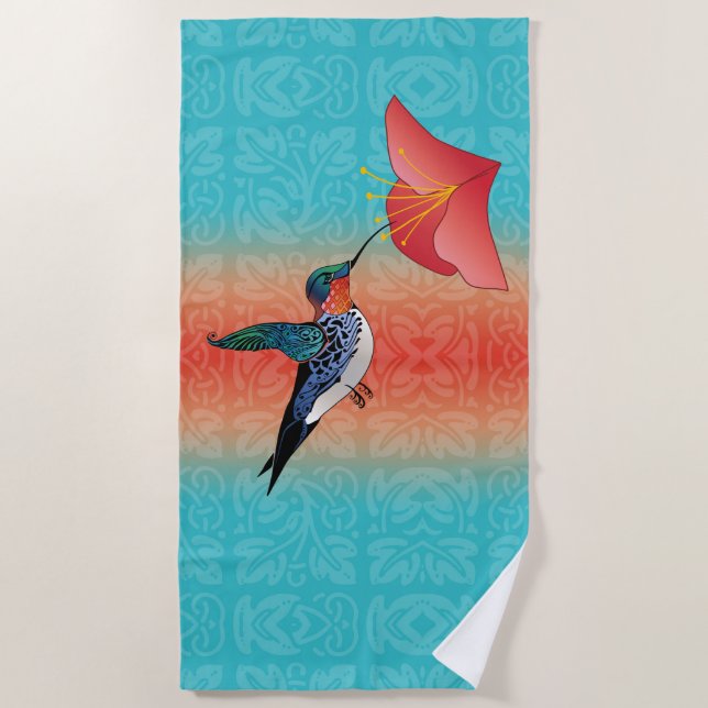 Toalha De Praia Tatuagem Hummingbird Red hibisco Flor Turquoise (Frente)