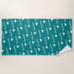 Toalha De Praia Teal Blue Repetindo Nome Script Heart Beach Towel