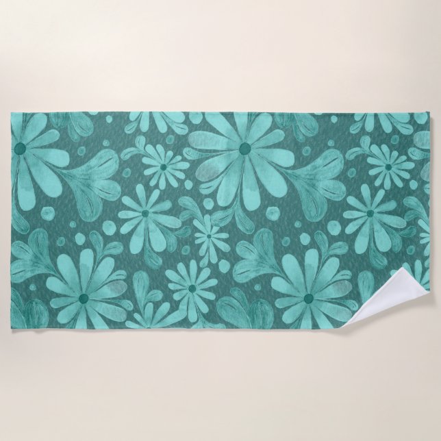 Toalha De Praia Teal e Aqua Floral Beach Towel (Frente)