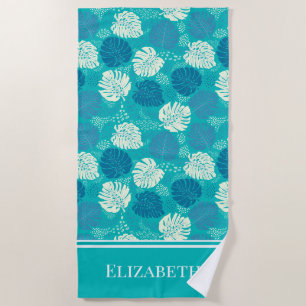 Toalha De Praia Teal Navy e Branco Monstera Costeiro Nome Personal
