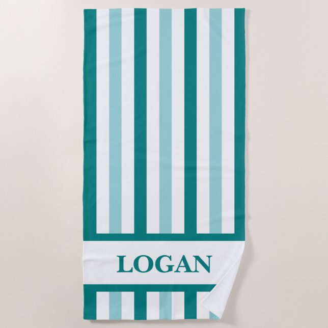 Toalha De Praia Teal Stripe Beach Towel com nome personalizado (Frente)