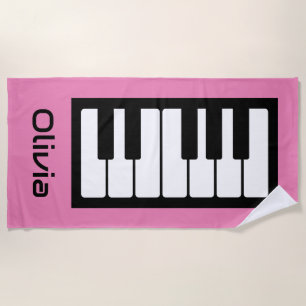 Toalha De Praia Teclado Piano Personalizado Músico Rosa