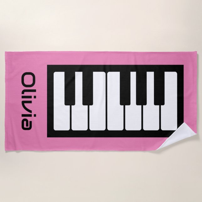 Toalha De Praia Teclado Piano Personalizado Músico Rosa (Frente)