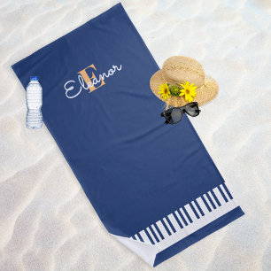 Toalha De Praia Teclas de Piano Azul Marinho Branco Monograma Tecl