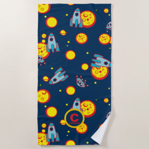 Toalha De Praia Tema Espacial para Meninos em Azul Vermelho e Amar