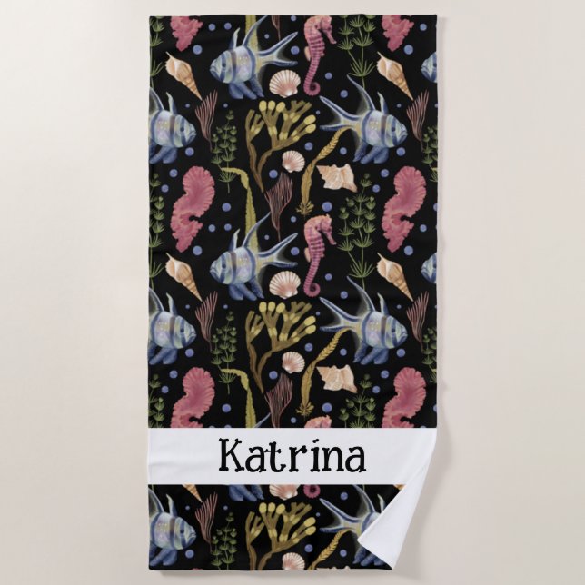 Toalha De Praia Tesouros submarinos - Peixes, Cavalos-marinhos, Co (Frente)