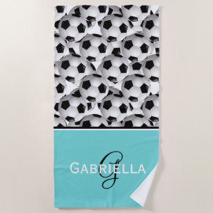 Toalha De Praia Teste padrão preto da bola de futebol do monogram