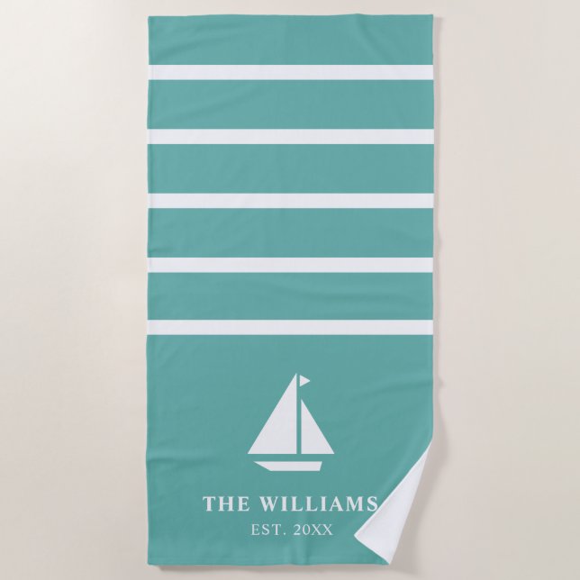 Toalha De Praia Texto Náutico do Adicionar Nome com Strike de Teal (Frente)