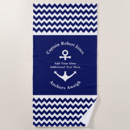Toalha De Praia Texto Personalizado de Âncora Náutica Azul e Branc