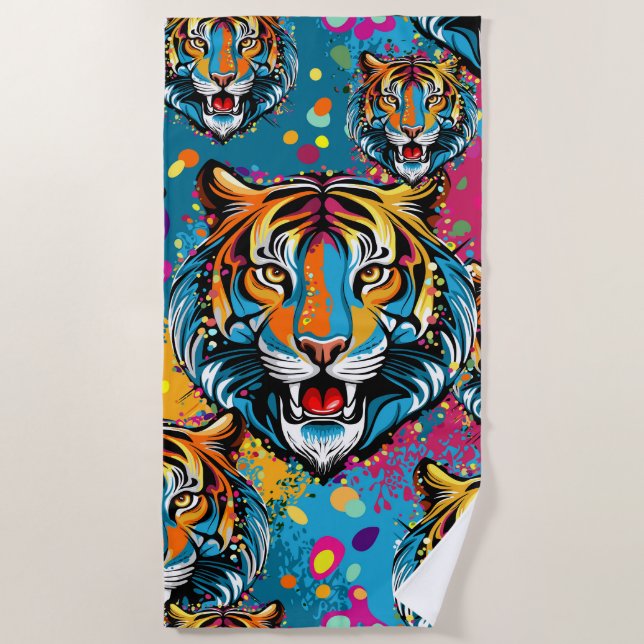 Toalha De Praia Tiger Head Rainbow colors paint stains (Frente)
