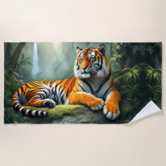 Toalha De Praia Tigre descansando na selva com cachoeira