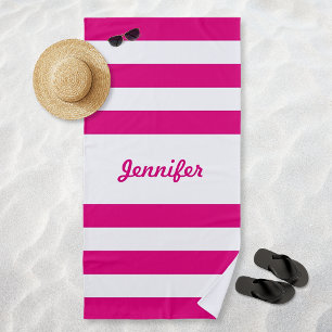 Toalha De Praia Tinta-Quente Chic e Listras Brancas Personalizadas