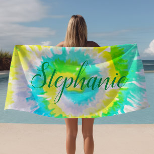 Toalha De Praia Tinta Tie Dye Espiral Amarelo Azul Verde Personali