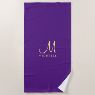Toalha De Praia Tipografia Monograma Nome Royal Purple e Dourado