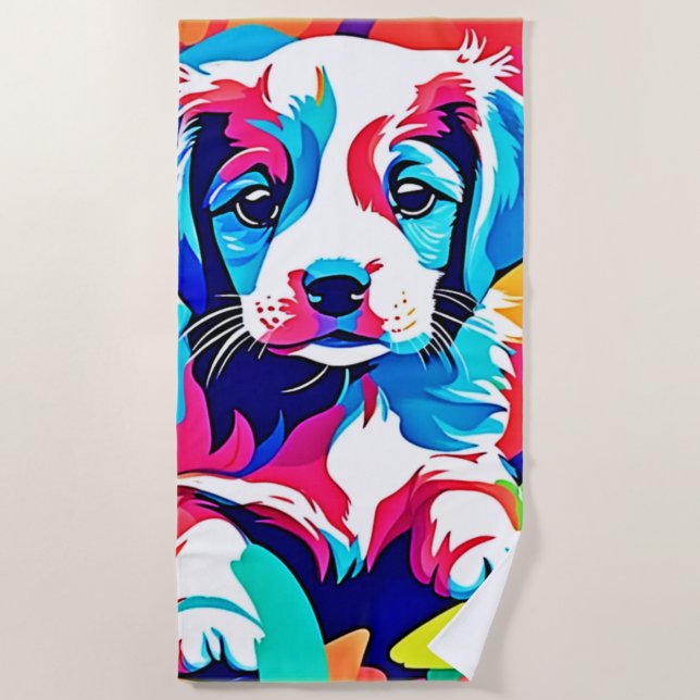 Toalha De Praia Trabalho de arte de puppy colorida (Frente)