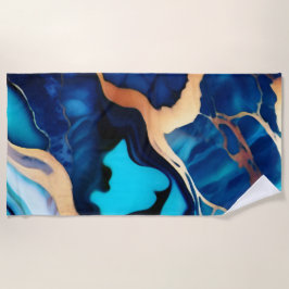 Toalha De Praia Trendy Blue Dourado mármore azul amarelo