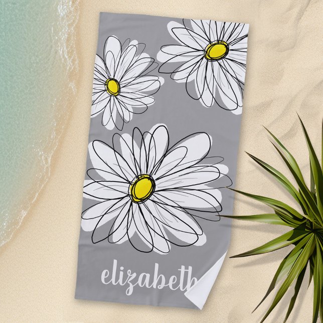 Toalha De Praia Trendy Daisy com cinza e amarelo (Personalized Beach Towel with flowers and Text)