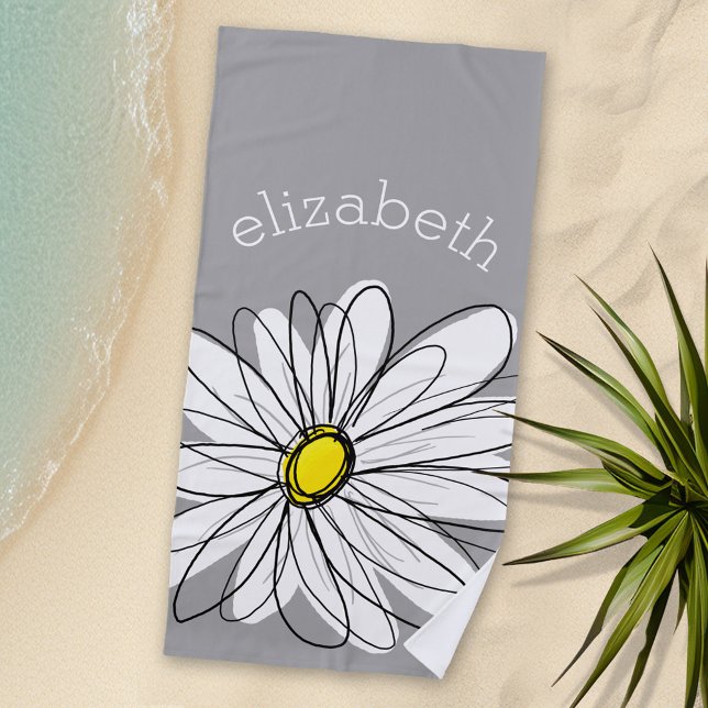 Toalha De Praia Trendy Daisy com cinza e amarelo (Personalized Beach Towel - Photo Collage -- Whimsical Daisy with a place to add your name)