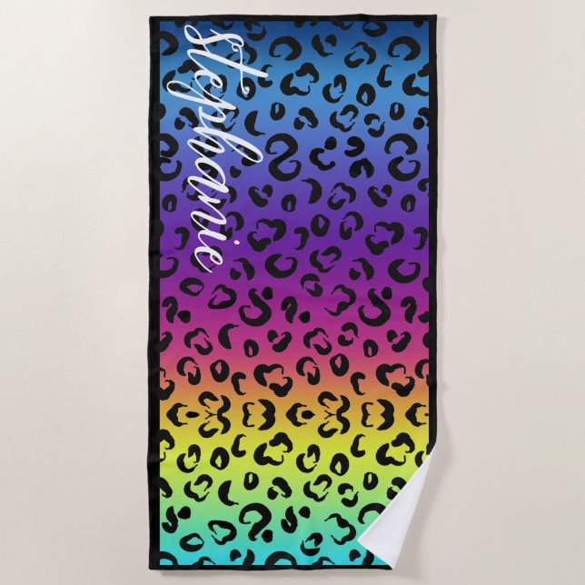 Toalha De Praia Trendy Rainbow Leopard Imprimir Nome Personalizado (Frente)